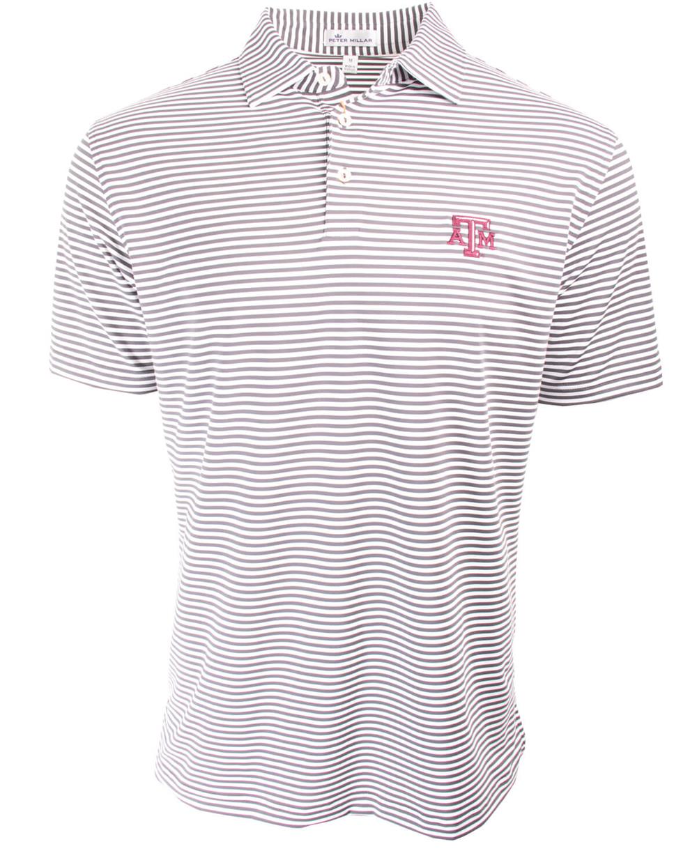 Texas A M Peter Millar Competition Striped Polo Collegiate Grey Aggieland Outfitters