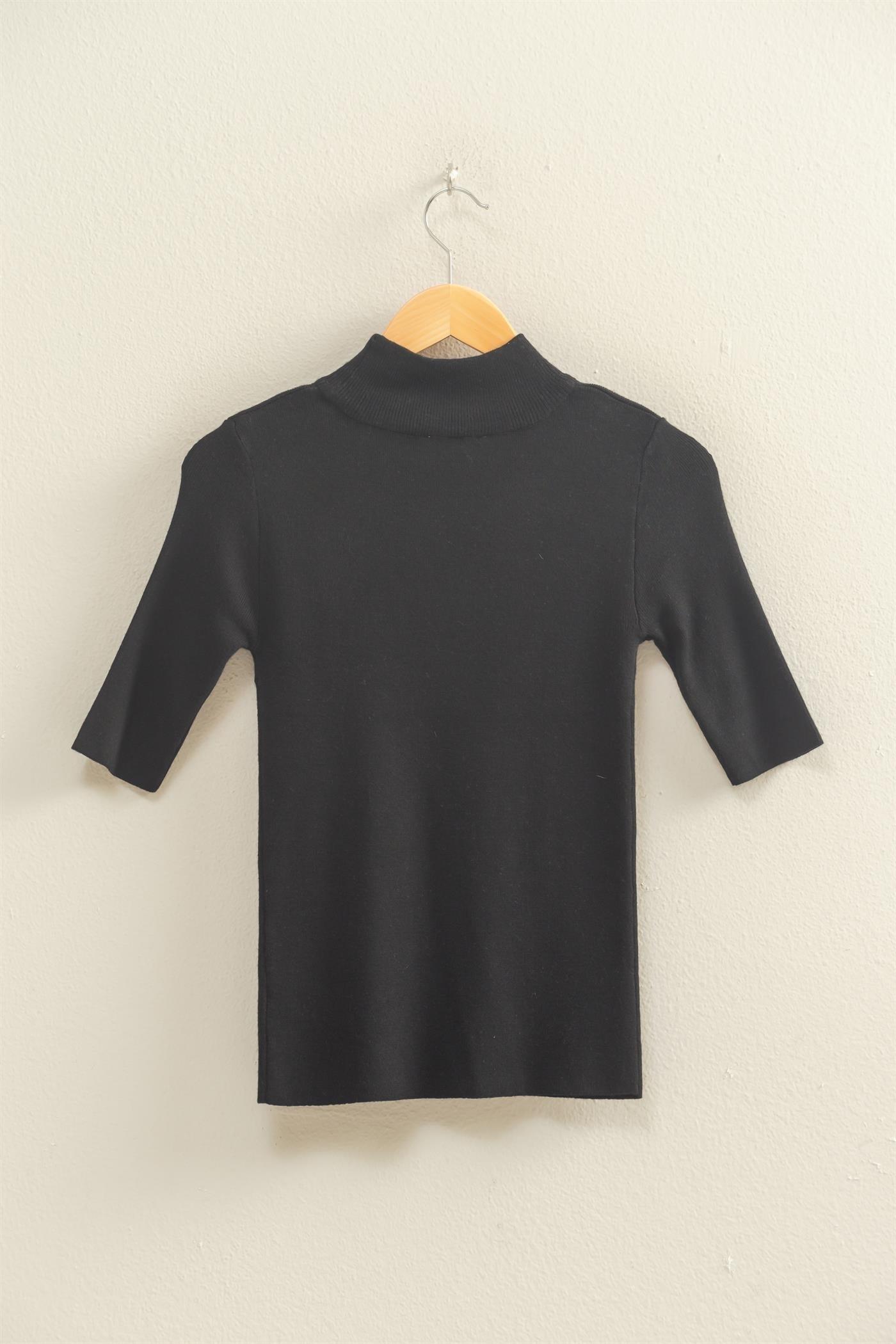 HALF SLEEVE MOCK NECK SWEATER TOP BLACK | Gibbons