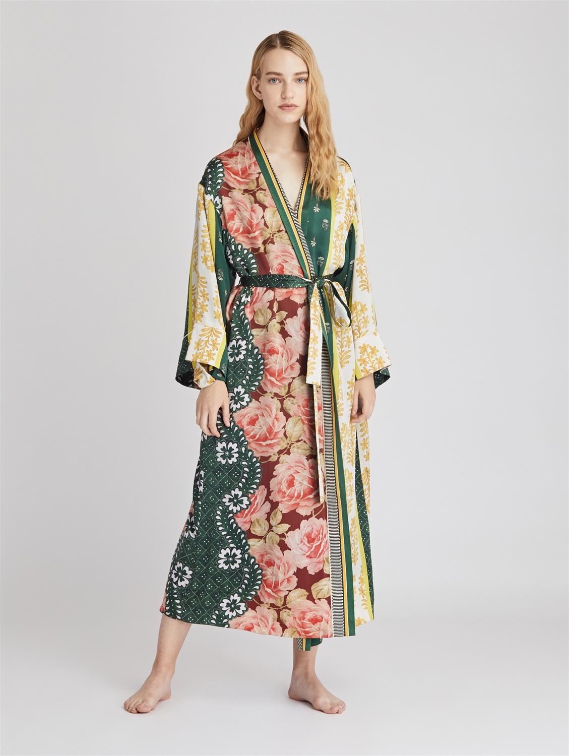 Patchwork Stripe Satin Crepe Long Robe
