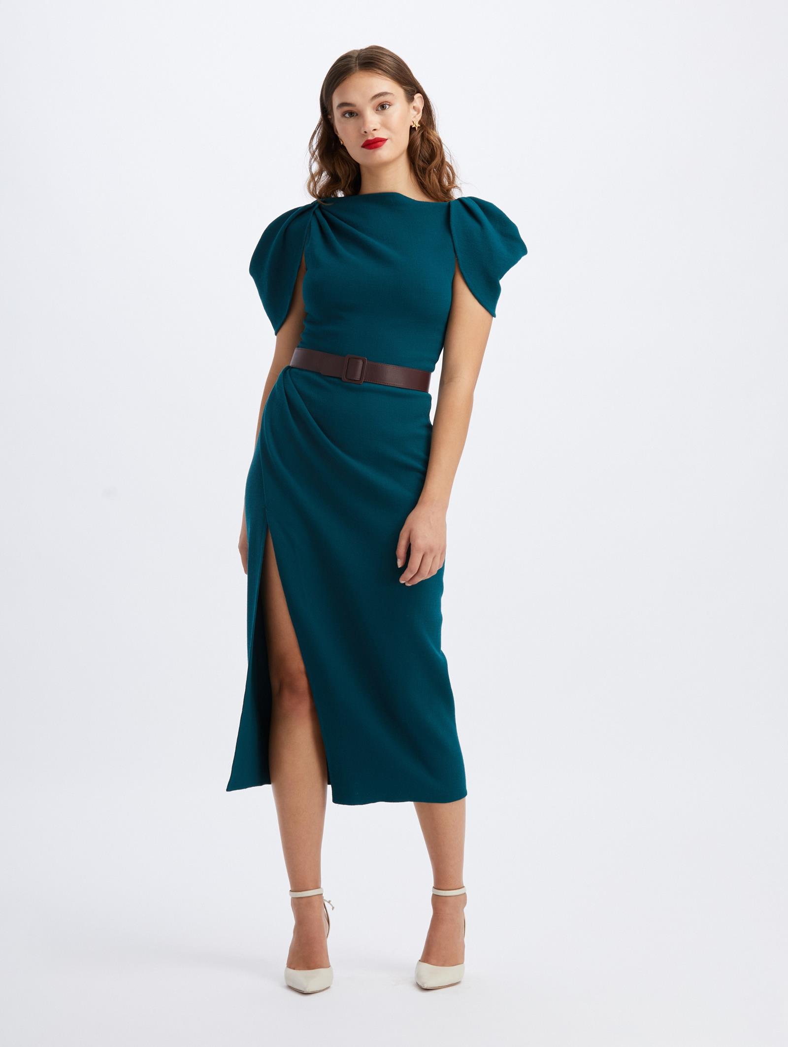 Draped Sleeve Slit Midi Dress | Dresses