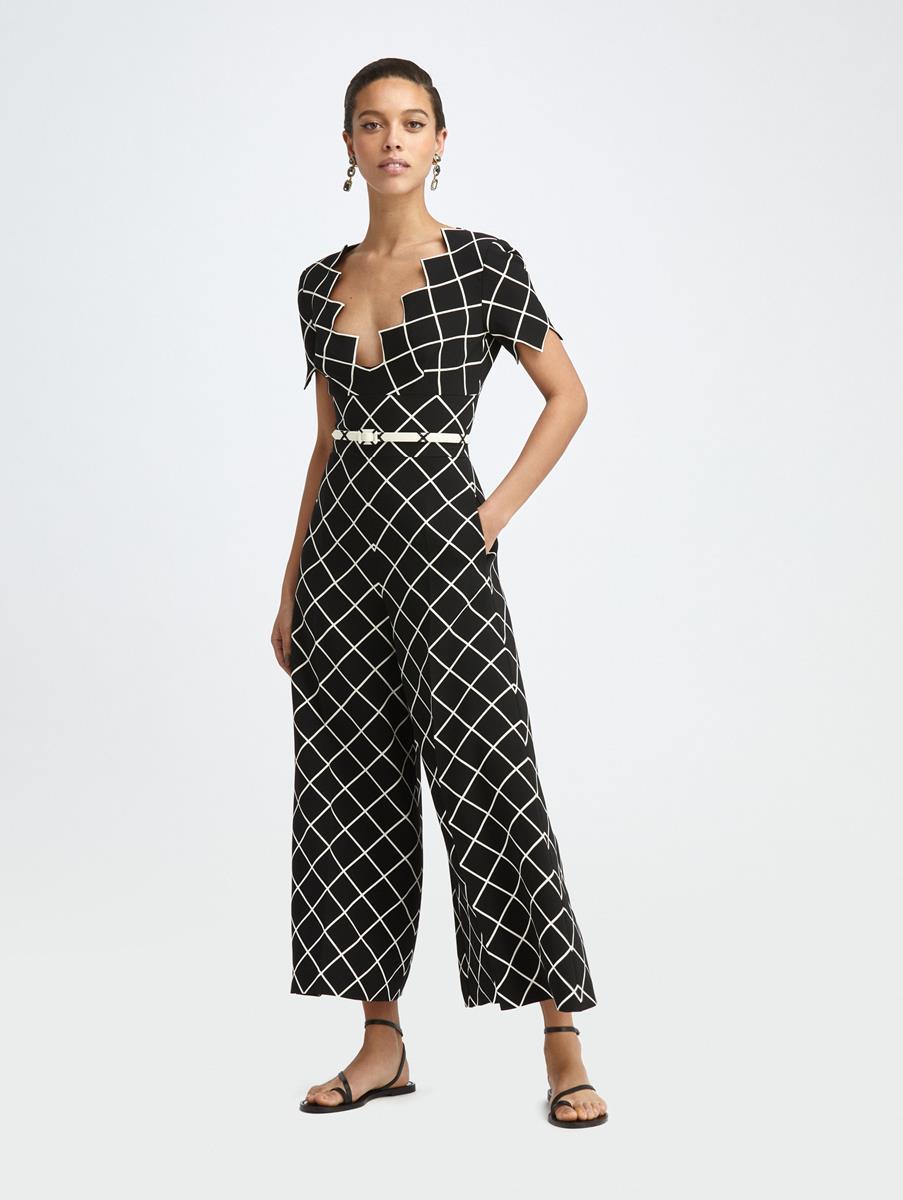 Windowpane Jumpsuit Pants Skirts Oscar De La Renta Black Ivory Oscar De La Renta