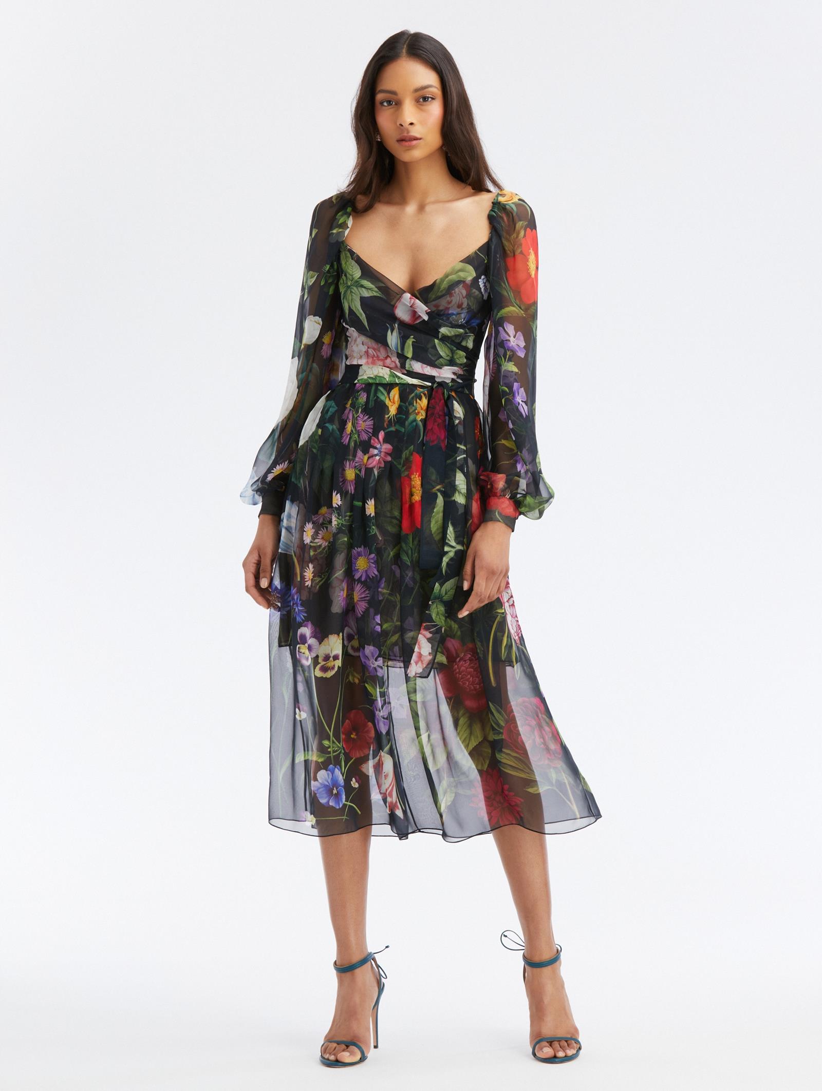 Long Sleeve Multicolor Floral Chiffon 