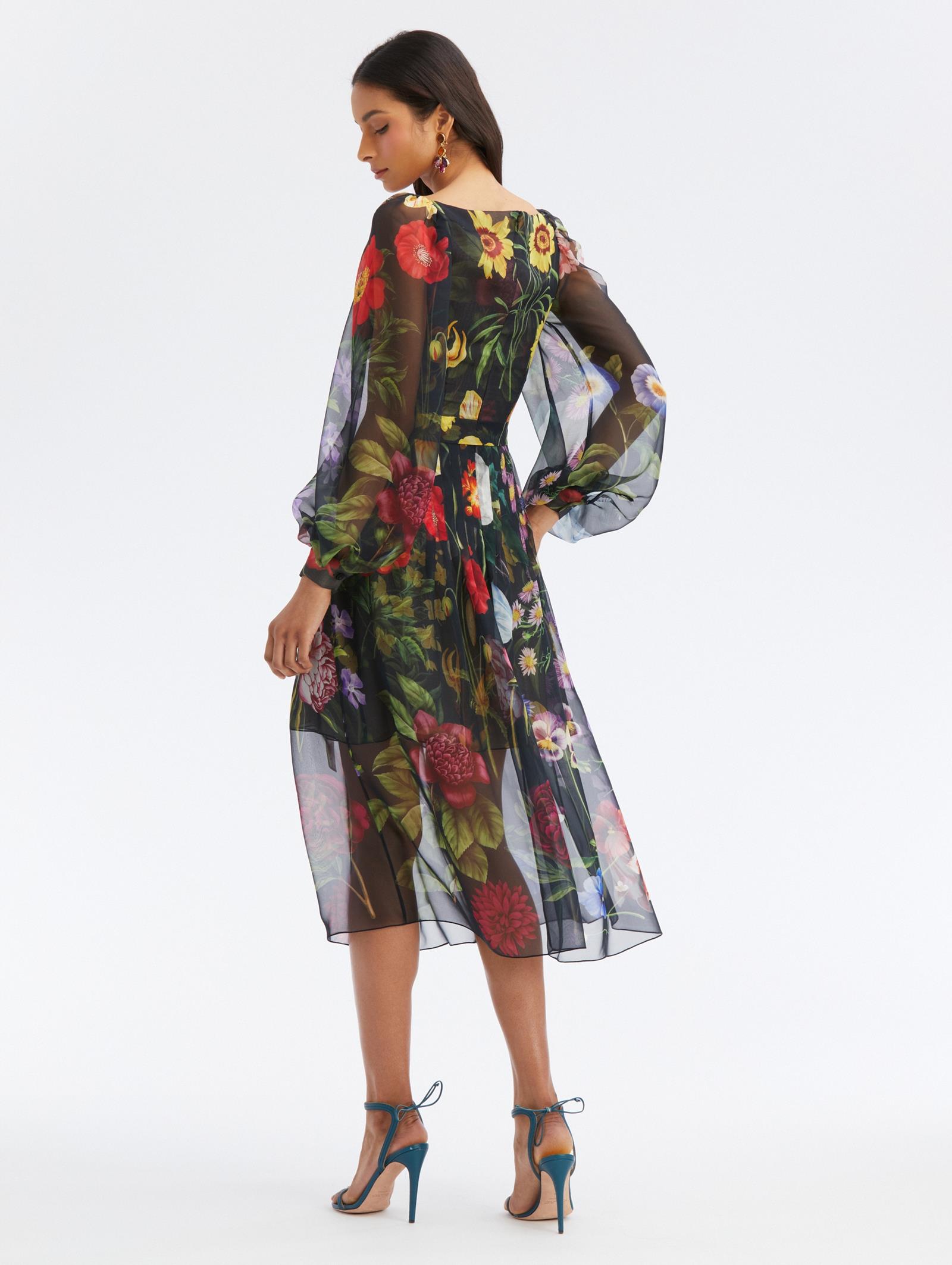 Oscar de La Renta Long Sleeve Multicolor Floral Chiffon Dress