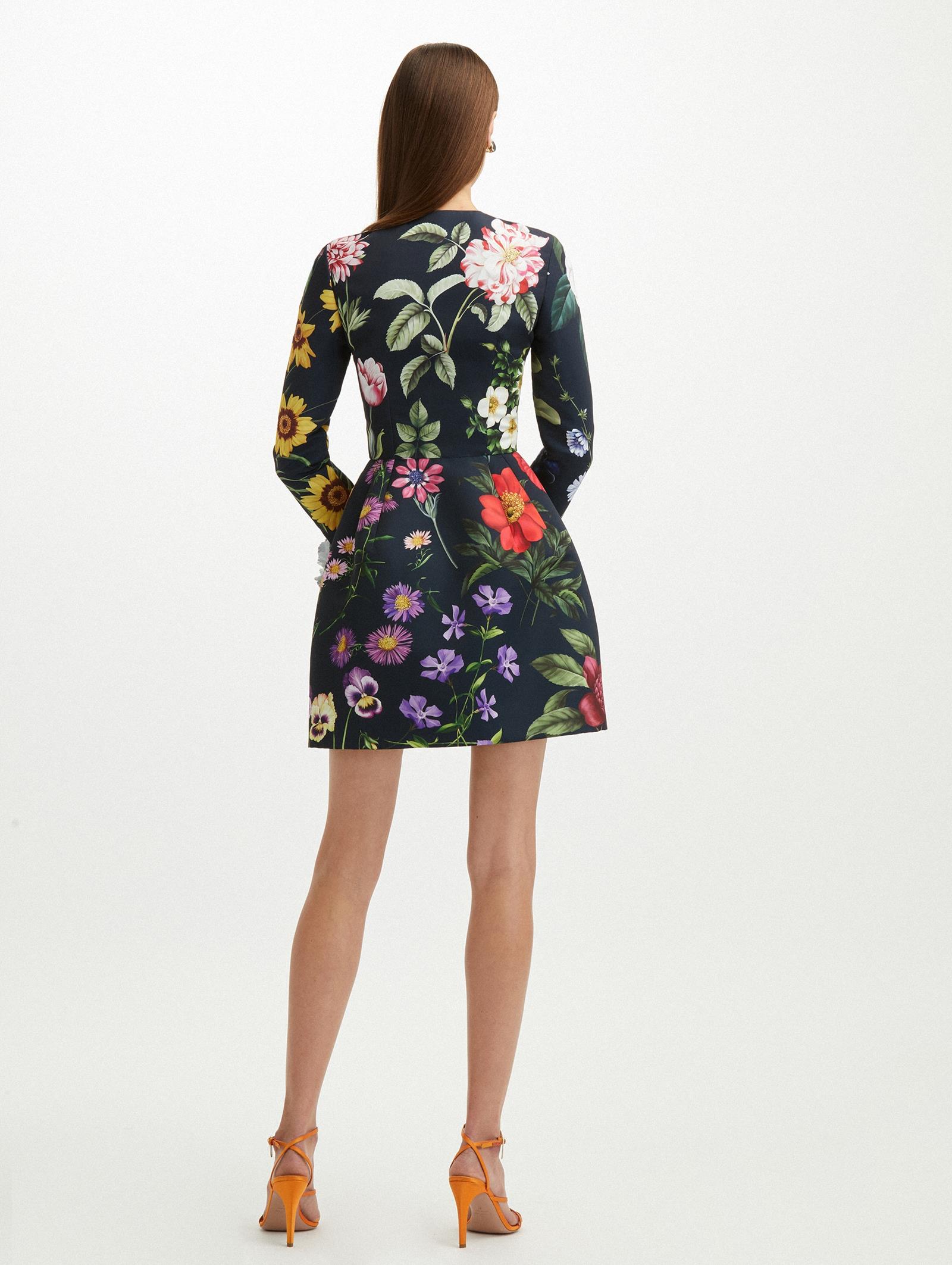 Oscar de La Renta Long Sleeve Multicolor Floral Rosette Dress