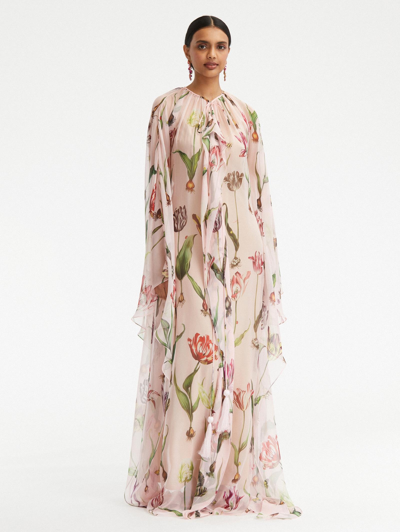 V-Neck Tulip Mania Chiffon Caftan Blush Multi | Oscar de la Renta