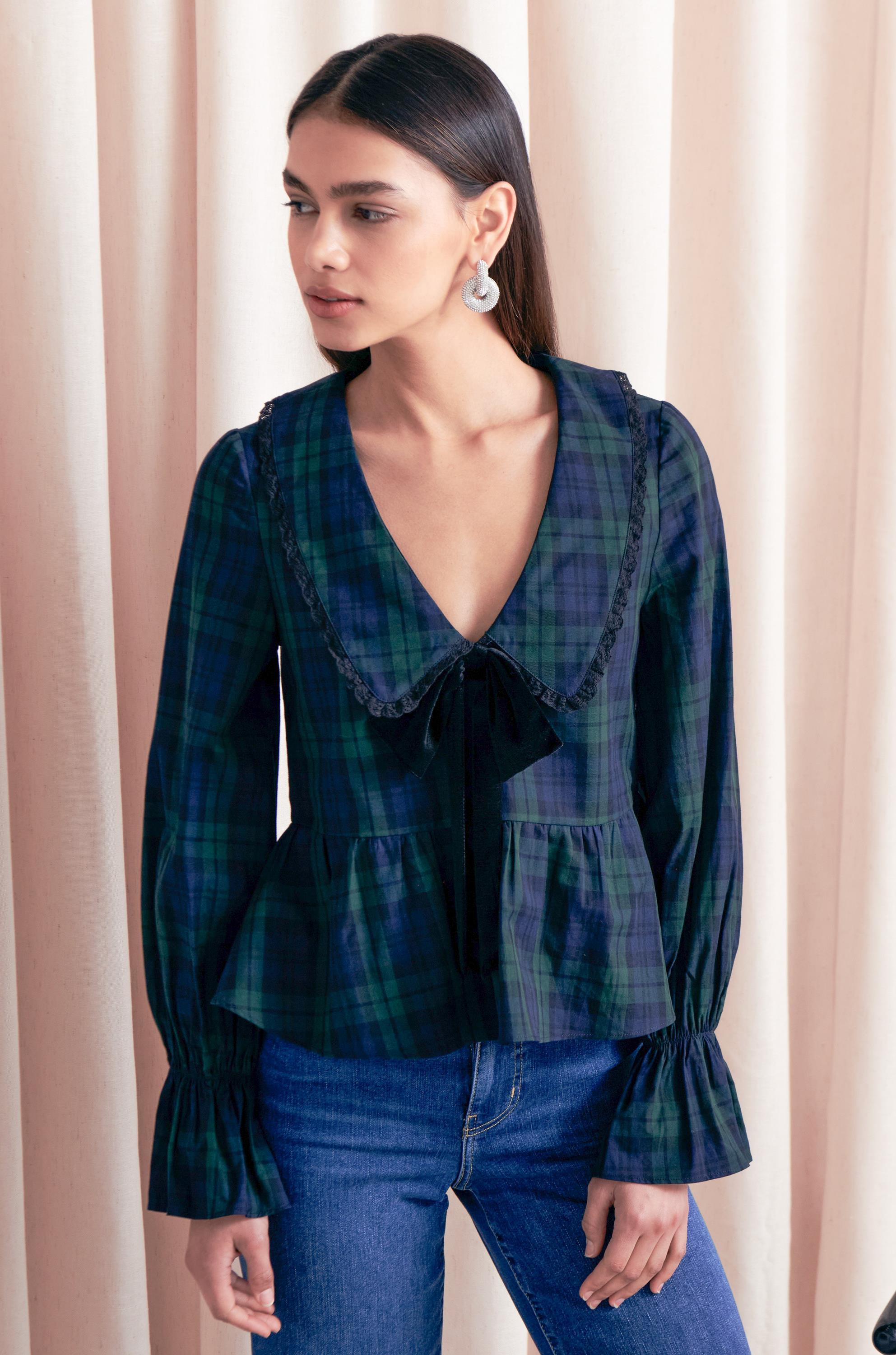 Women's 3/4 Sleeve V-Neck Tunic Top - Pleated Stitching Plaid Flowy Blouse, Loose Fit Casual Tops, Dark Green - View #9