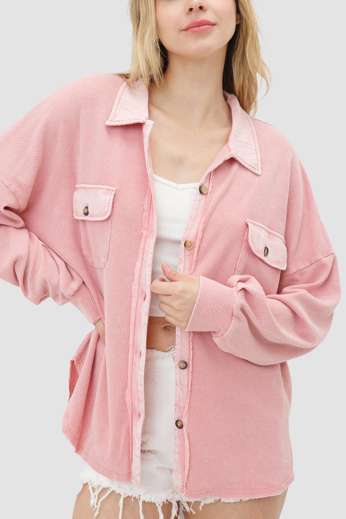 Thermal Button Front Shacket Pink 