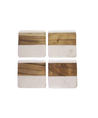 WHITE MARBLE AND WOOD SQUARE COASTERS