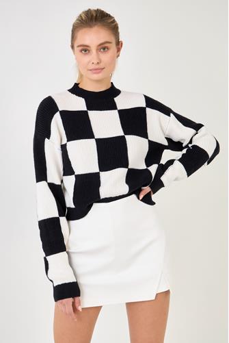 Checkerboard Knit Sweater BLACK WHITE