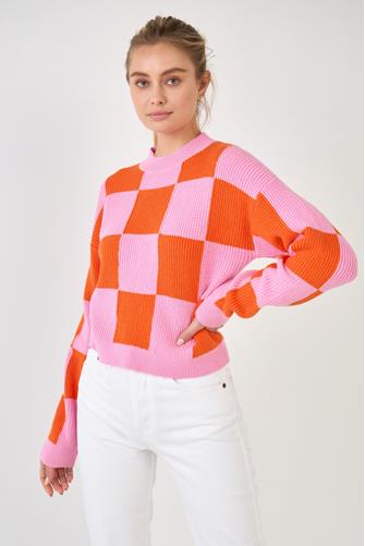Checkerboard Knit Sweater PINK ORANGE