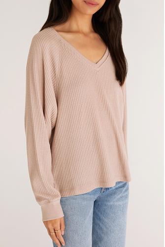 Frances Waffle Long Sleeve Top HEATHER TAUPE