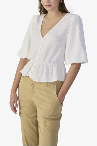 Textured Button Front Top WHITE