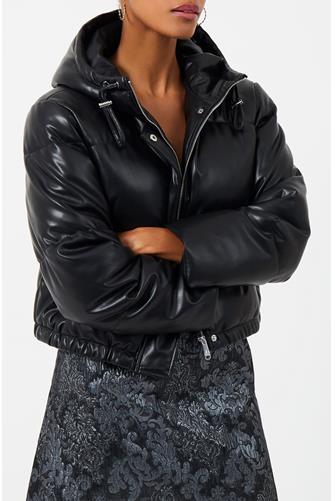 Hooded Faux Leather Puffer Jacket BLACK
