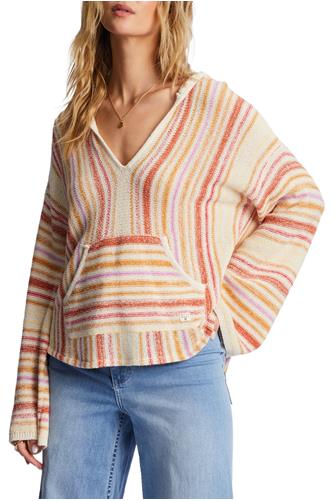 Baja Beach Striped Hooded Sweater BRIGHT POPPY