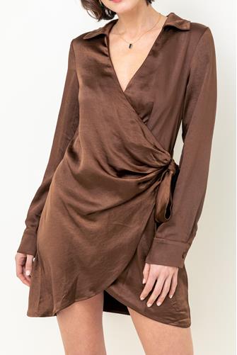 Satin Wrap Dress BROWN