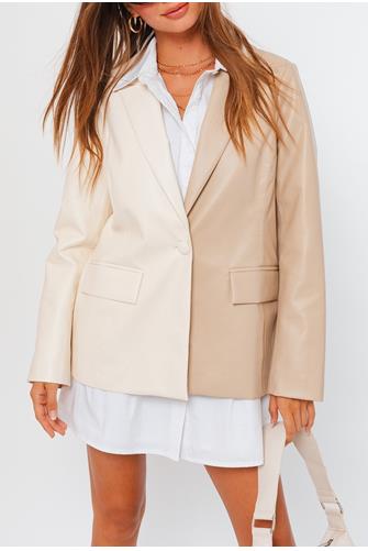 Faux Leather Colorblock Blazer OFF WHITE-TAUPE