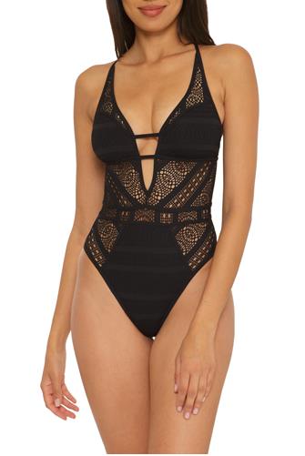 Color Play Crochet V-Wire keyhole One Piece BLACK