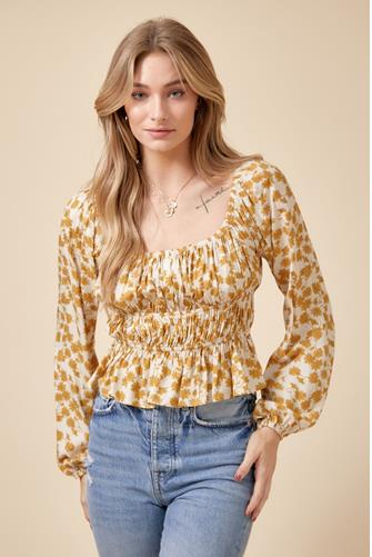Long Sleeve Square Neck Printed Top DUSTY MUSTARD