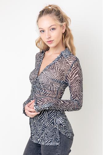 Zebra Printed Sheer Button Front Top TAUPE ZEBRA