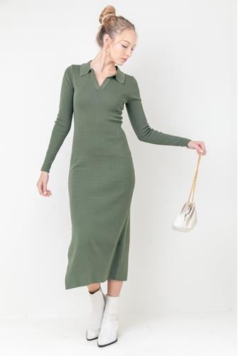 Long Sleeve Collared Maxi Dress OLIVE