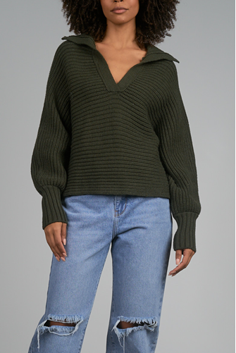 Long Sleeve V-neck Open Collar Sweater OLIVE