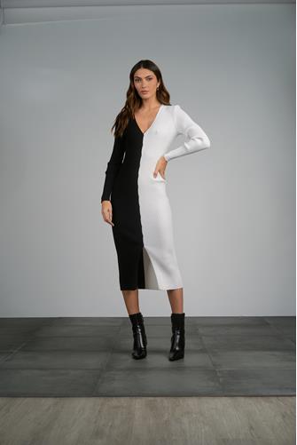 Long Sleeve Button Down Colorblock Midi Dress BLACK WHITE