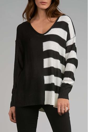 Long Sleeve V-Neck Colorblock Stripe Pullover BLACK WHITE