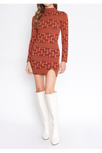 Prim 70's Long Sleeve Mini Dress BROWN RUST