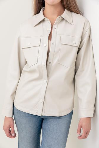 Pleather Button Down Shirt with Pocket CREAM