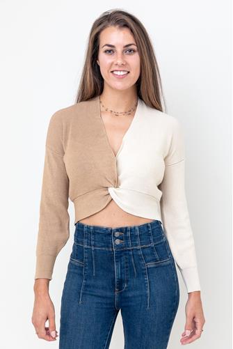 Twist Front Color Block Sweater IVORY TAUPE