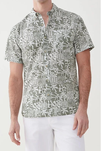 Joey Short Sleeve Geo Leaf Printed 1 Pocket Woven Shirt SEAGRASS
