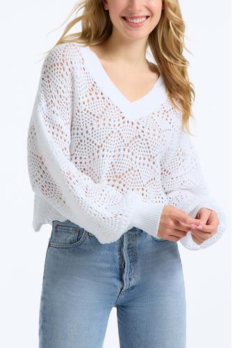 Crochet V-Neck Sweater BLEACH WHITE