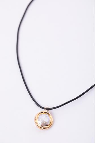Black Cord Necklace With Gold Wrapped Pearl Pendant GOLD