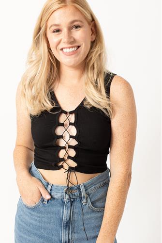Ribbed Lace Up Bungee Crop Top BLACK