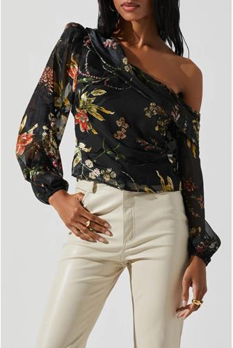 Reign Burnout Floral Off Shoulder Top BLACK ORANGE BURNOUT