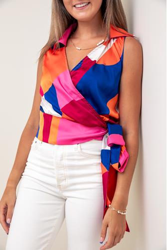 Sleeveless Collared Wrap Top GEOMETRIC