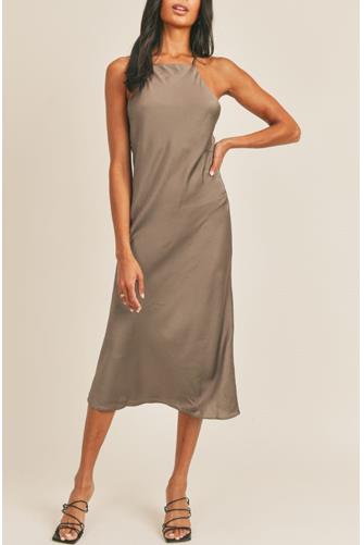 Lyla Satin Apron Hi Neck Midi Dress TOFFEE
