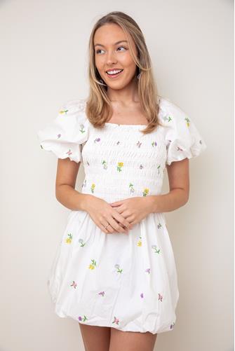 Floral Embroidery Smocked Dress WHITE MULTI