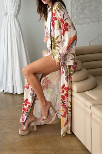 Streya Printed Satin Kimono Wrap Dress MULTI
