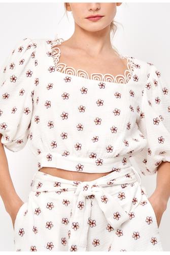 Beale Embroidered Puff Sleeve Top WHITE