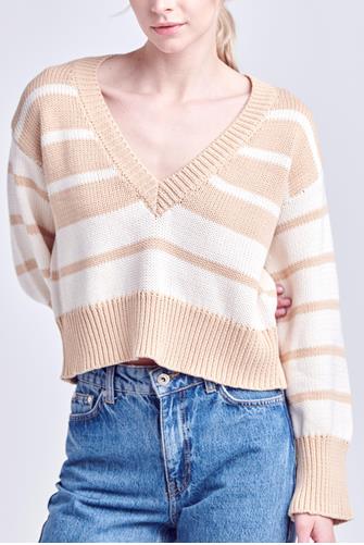 V-Neck Striped Sweater TAN IVORY