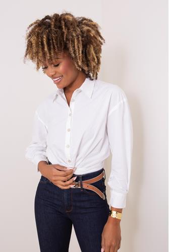 Long Sleeve Woven Button Front Cropped Shirt WHITE
