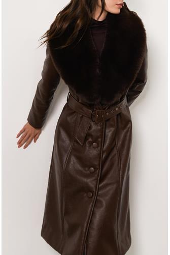 Leather Trench with Fur Trim BROWN