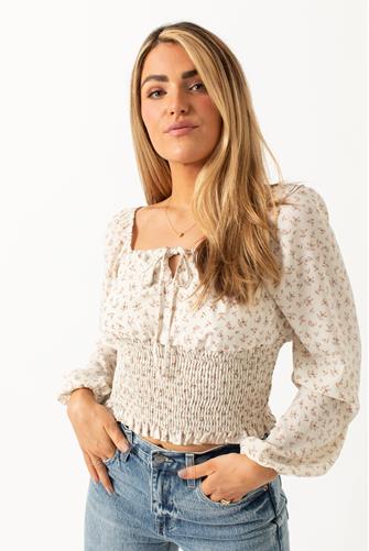 Floral Tie Front Long Sleeve Top IVORY