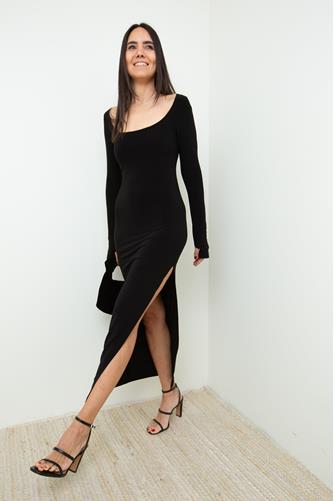 Long Sleeve Deep Scoop Side Slit Gown BLACK