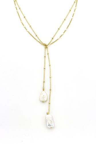 15 In 2Layer Neck Gold Chain/ Drop And Pearl GOLD/PEARL