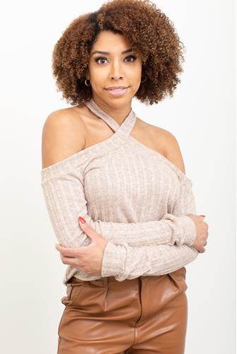 Criss Cross Cold Shoulder Long Sleeve Top TAN