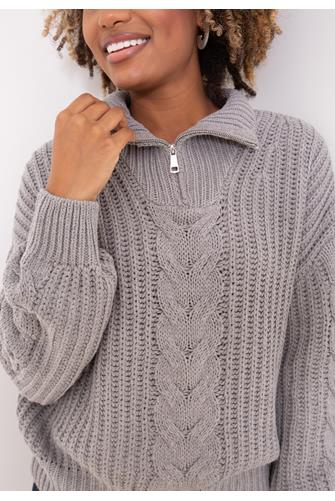 Long Sleeve Zipper Mock Neck Collar Sweater GREY