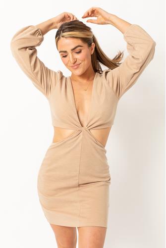 Twist Front Cut Out Long Sleeve Mini Dress CAMEL