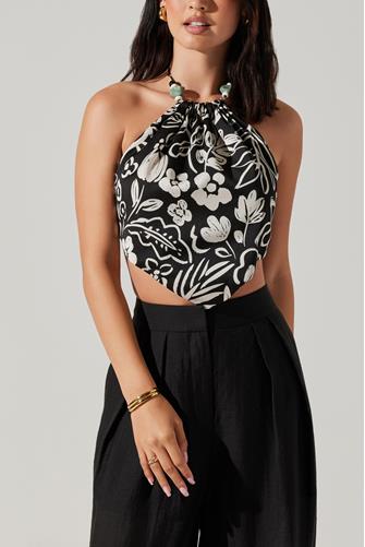 Domenica Beaded Halter Top BLACK WHITE FLORAL